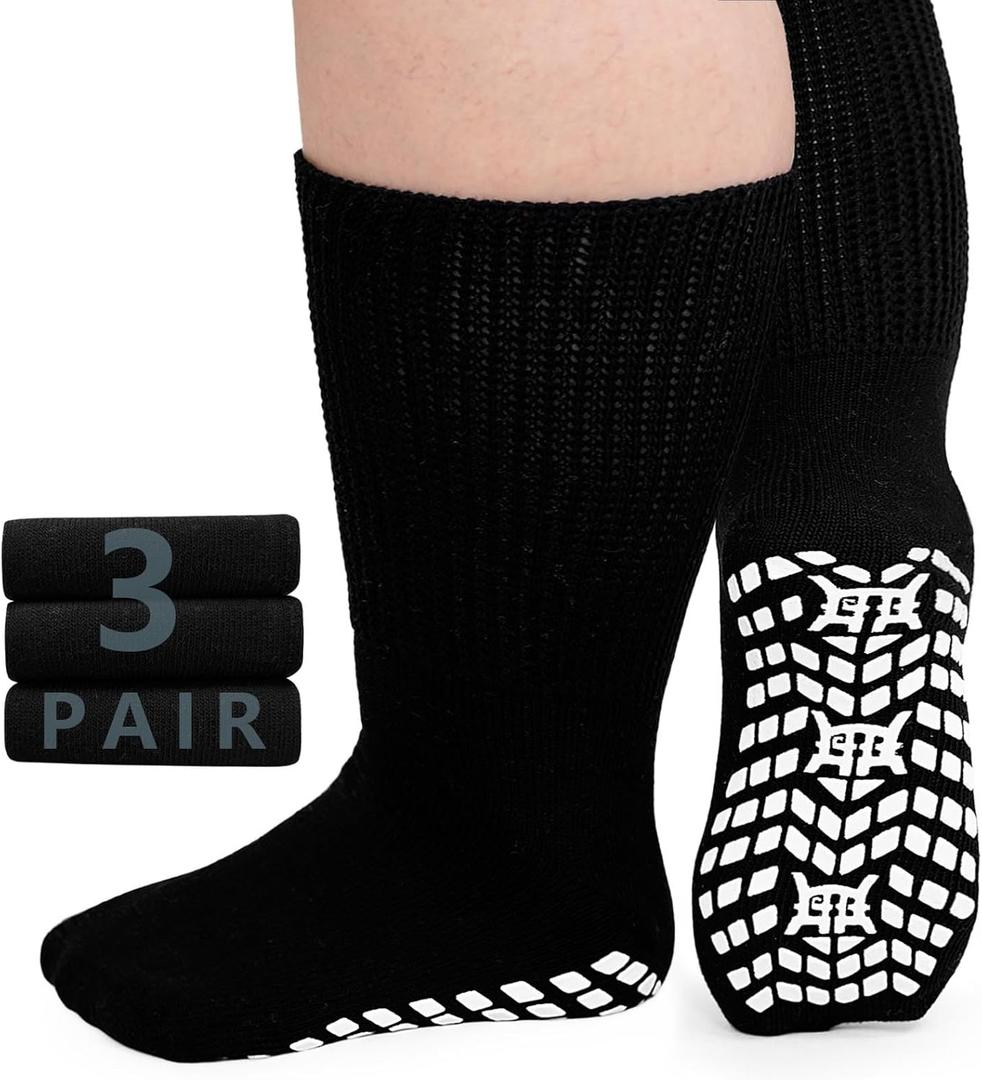 ZAKASA Extra-Wide Socks for Swollen Feet: 3 Pairs Non Slip Diabetic Socks for Men Women with Grips Hospital Edema 9-15
