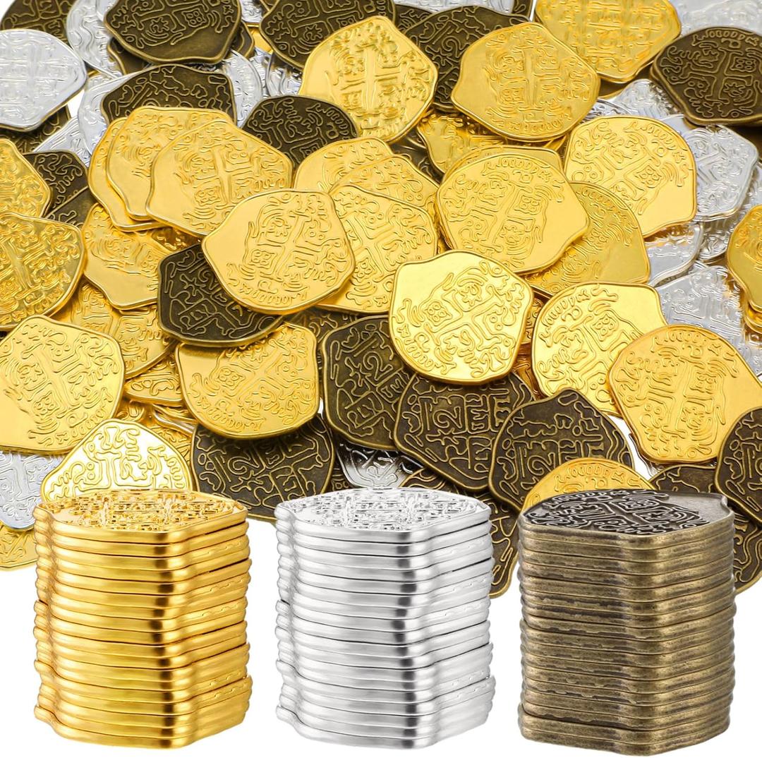 Hanaive 200 Pcs Metal Pirate Coins Set Gold Coins Treasure Chest Spanish Doubloon Fake Tokens for Boys and Girls Board Games Pirate Party Cosplay (Retro, Gold, Silver, Bronze, Irregular)