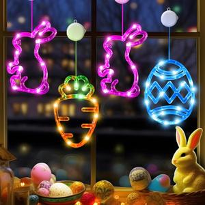 Pack Easter Window Lights Decorations with Timer, Battery Powered Hanging Pink Orange Green Blue Lighted Bunny Carrot Egg Shaped Sucker LED Lamp for 2024 Holiday Indoor Home Decor