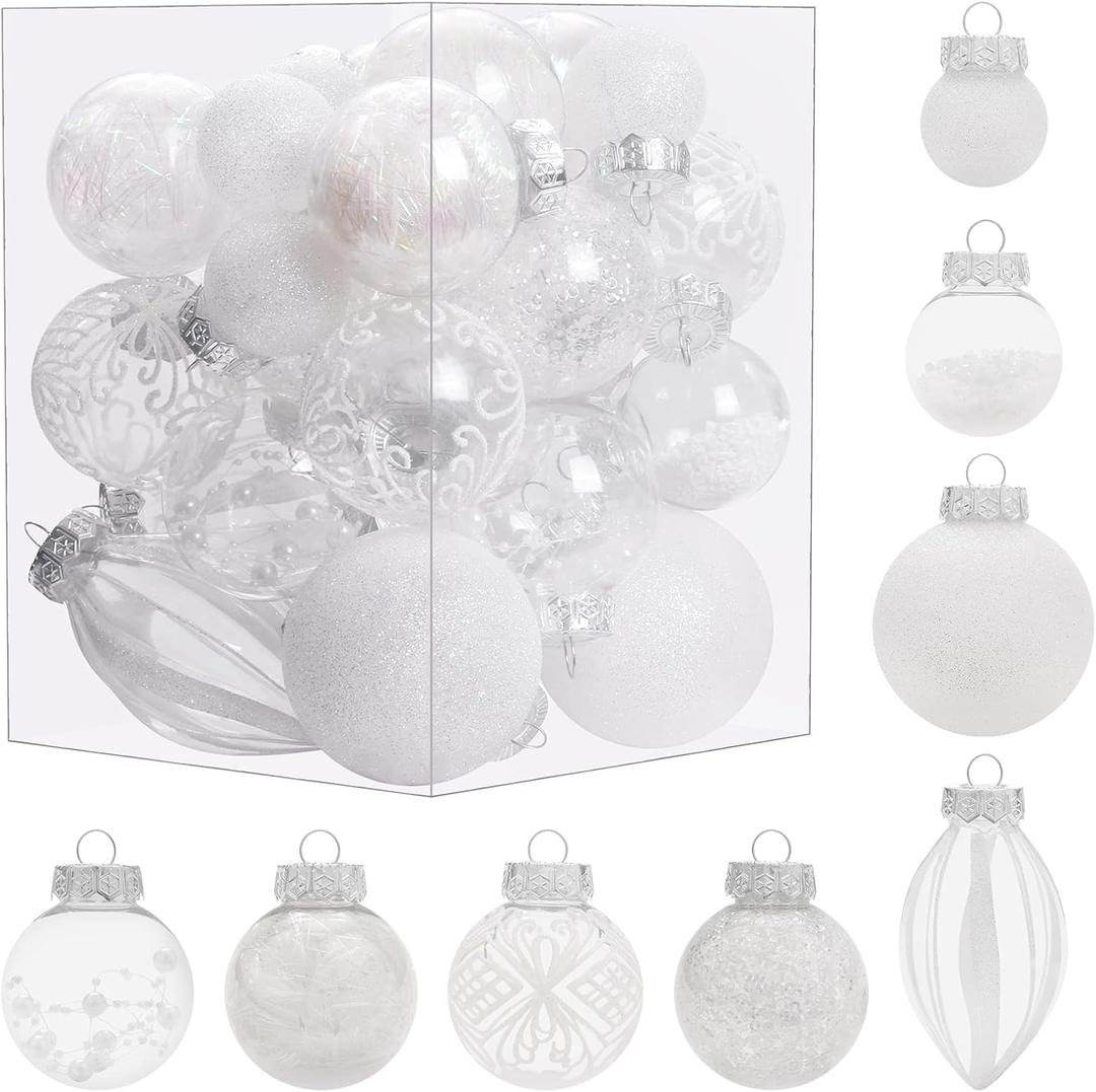 Christmas Ornaments Set, 32Pcs Clear Plastic Shatterproof Christmas Ball Hanging Ornaments for Xmas Tree Decorations, for Indoor Home Thanksgiving Party Holiday Decor - White.