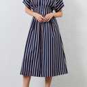 Women's Striped Button Front Pleated Maxi Shirt Dress Short Sleeve Collar V Neck Summer Casual Corset Long Dress (Blue, XL)
