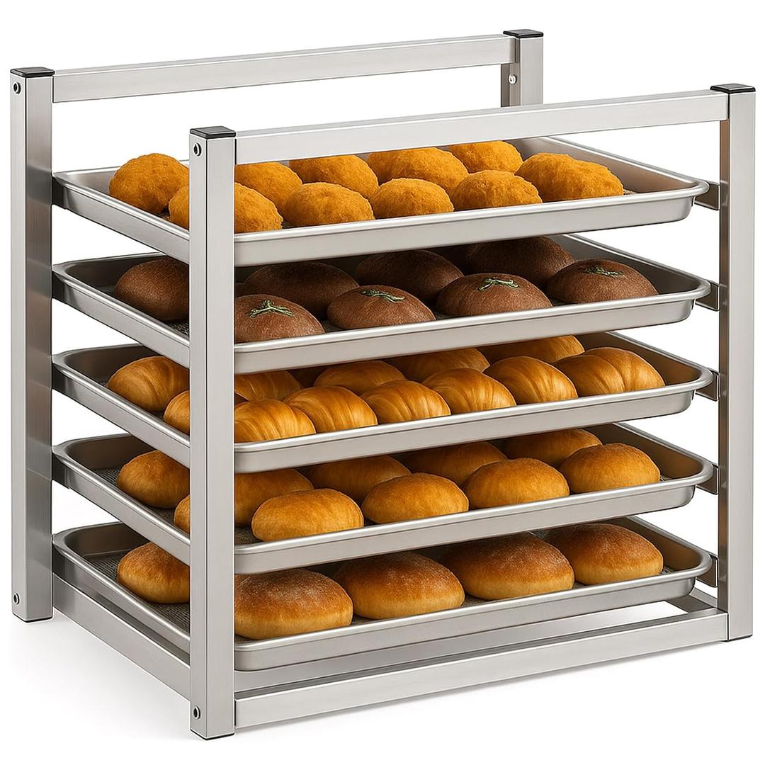 Blulu 5 Tier Wall Mounted Sheet Bun Pan Rack 21 x 13 x 18 Fits 5 Half Size Sheet Pans Aluminum Baking Tray Racks for Bakeries Restaurants Catering Kitchens