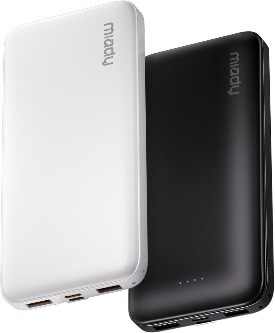Miady 2-Pack Portable Charger, Slim 10000mAh Power Bank Travel Battery Pack | Dual USB丨3 Outputs 2 Inputs丨for Backpack Travel Camping丨Slim丨Compatible with iPhone Android etc丨Flight-Safe丨37Wh丨Black+White