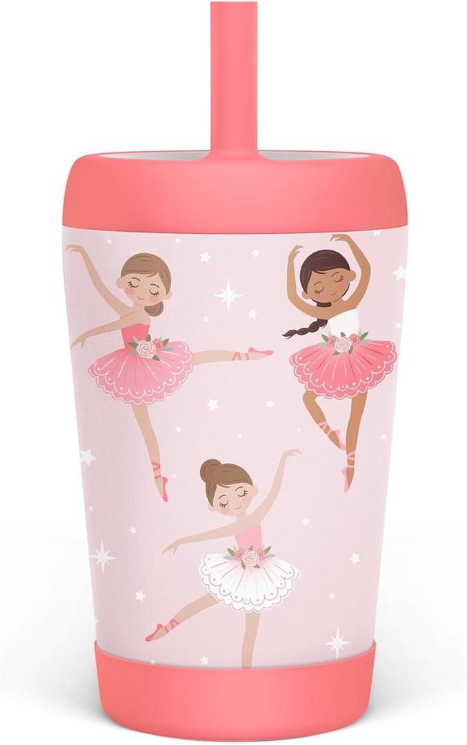 Kid Insulated Stainless Steel Tumbler with Silicone Straw, 12oz Sippy Cup for Kids (Pink Ballerina) (Ballet)