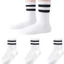 Mini angel Kids Socks Boys Girls Crew Socks 8-11 Years White Seamless Cotton Ankle Athletic Socks with Retro Stripes 3 Pairs (White,L)