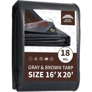 RAINDEWAY 16x20 Feet Super Heavy Duty Tarp 18 Mil, UV Resistant, Weatherproof, Multipurpose Waterproof Poly Tarp with Grommets and Reinforced Edges, Brown/Gray Tarps, 16x20 Feet-Finished size