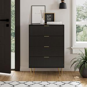 Masupu 4 Drawer Dresser, Drawer Chest, Tall Storage Dresser Chest Cabinet Organizer Unit with Metal Legs, Small Dresser for Bedroom, Living Room, Closet, Hallway Black Stripe