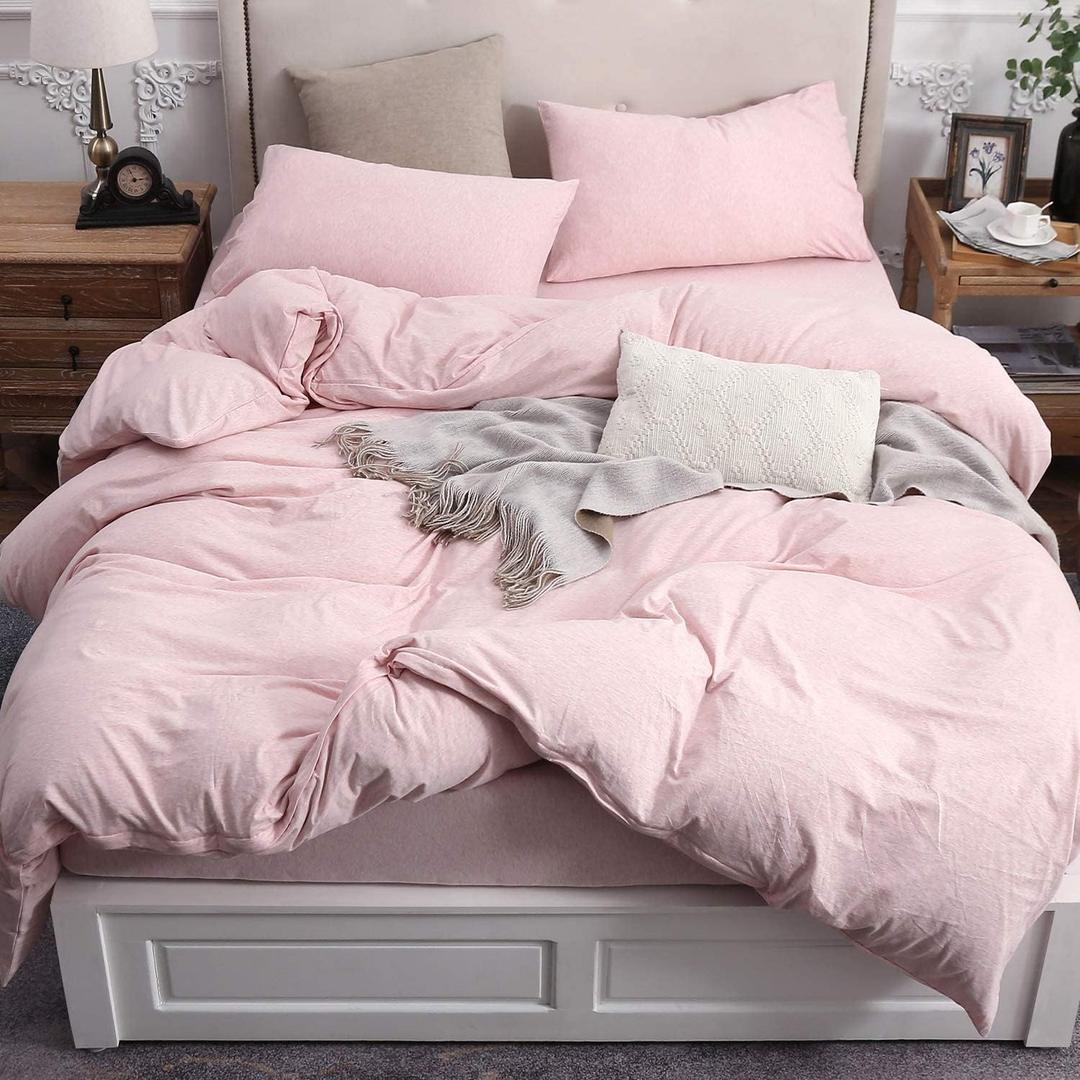 PURE ERA Jersey Knit Duvet Cover Set 100% T-Shirt Cotton Super Soft Comfy 3pc Bedding Set with Zipper Closure (Heather Pink, King)