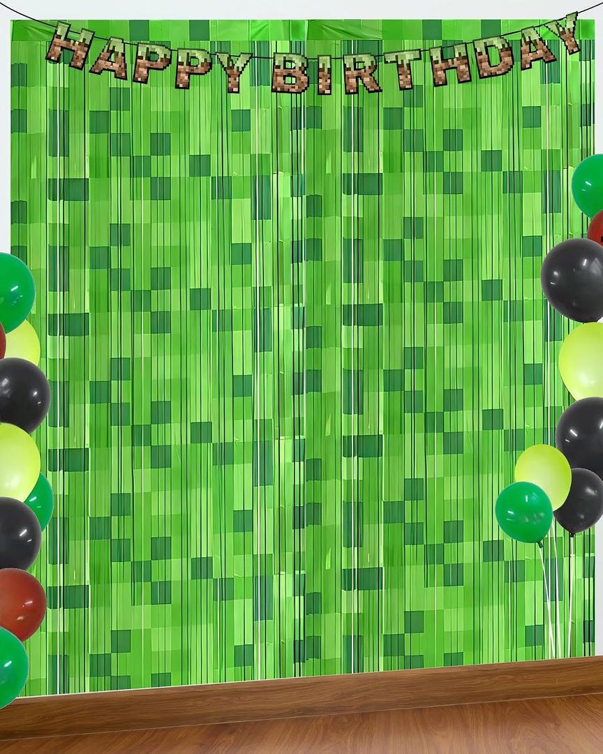 Green Pixel Miner Foil Fringe Curtains - 2 Pack 3.3x6.6ft Metallic Video Game Birthday Photo Booth Backdrop, Door Streamers for Gamer Party Decorations & Room Wall Decor