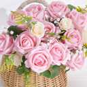 50 Pcs Pink Roses Artificial Flowers, Real Touch Velvet Roses Bouquet Fake Flowers Bulk, Artificial Roses with Long Stems for Birthday Gift Women Mom DIY Bridal Wedding Centerpiece Decorations