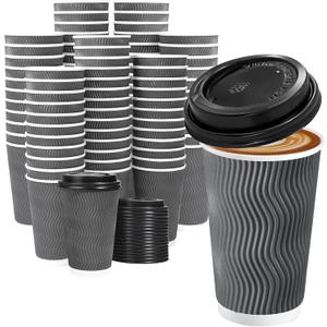 Lamosi 500 Pack - 16 oz Insulated Disposable Coffee Cups with Lids, To Go Paper Coffee Cups with Lids, Corrugated Ripple Wall Cup for Hot Drink Office Coffee Bar (Grey)