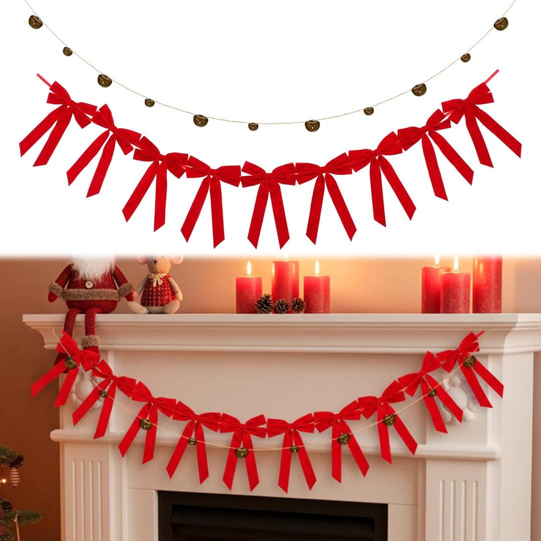 2 Pcs Christmas Vintage Velvet Bow Bell Garland 6.5 ft Pre-Strung Christmas Bell Banner Red Velvet Ribbons Indoor Retro Brass Bells Classic Xmas Mantle Decor for Fireplace Door Home Office Farmhouse