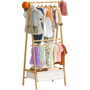 Kid Dress Up Rack - Clothing Rack with Storage Box, Dress Up Storage, Small Foldable Bamboo Garment Stand with Hanging Rods, Dress Up Holder