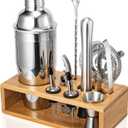 Cocktail Shaker Set, 18/8 Food-Grade Stainless Steel Mixology Bartender Kit 10-Piece Bar Tools with Stylish Bamboo Stand - Rust-Proof & Dishwasher Safe - Professional Martini Shaker Gift for Men, Dad