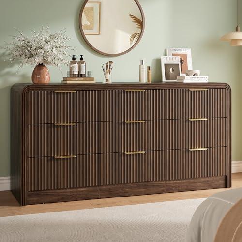 Decofy Fluted 9 Drawers Dresser, 63'' Wide Modern Chest of Drawers with Round Edge & Metal Handle, Wood Drawer Organizer for Bedroom, Living Room, Walnut