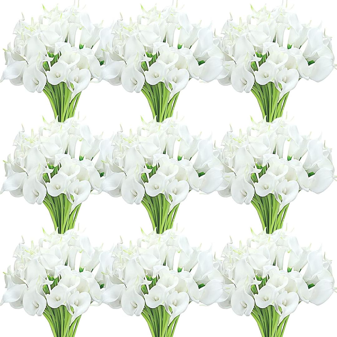 Janinka 60 Pcs Artificial Calla Lily Flowers Bulk Realistic Silk Calla Lilies Bouquet, 14 Inch Faux Flowers for Wedding, Home Decor, Party Centerpieces, Waterproof PU Material (White)