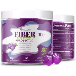 Migcopat 10G Fiber Gummies with 30 Billion CFU Probiotics, Grape Flavor, Bloating Support, Fiber Supplement with Vitamin C, ACV, Inulin, Sugar Free, 180 Count