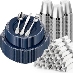 Bestluck 350PCS Navy Blue Plates for 50 Guests, Disposable Dinnerware Sets Include 100 Plastic Plates, 50 Silverwares, 50 Cups, and 50 Pre Rolled Napkins for Party, Wedding and Graduation