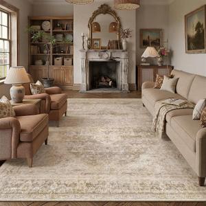 8x10 Beige Farmhouse Area Rug Washable, Non Slip, Soft Low Pile, Neutral Vintage, Large, for Living Room Bedroom Dining Room Office Indoor Home Decor