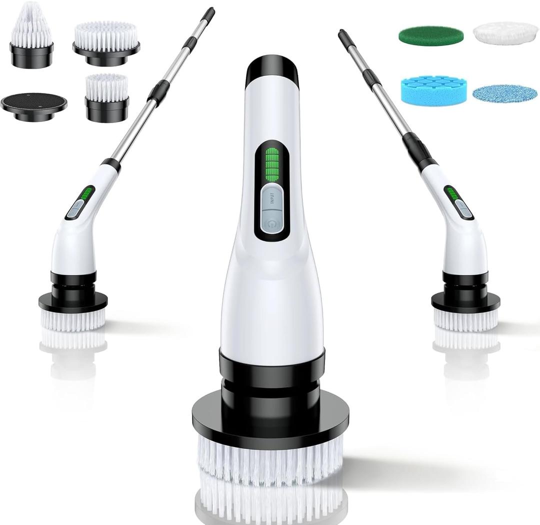 Electric Spin Scrubber - Cordless Bathroom Scrubber with 7 Brush Heads - Dual Speed IPX7 Waterproof Power Scrubber for Heavy-Duty Bathtub, Glass, Tile, and Car Cleaning (White)