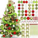 Leitee 109 Pcs Christmas Tree Decorations Lime Green Red Peppermint Candy Ball Ornaments Elf Christmas Tree Picks Swirl Glitter Xmas Stems Polka Dots Bow Home Faux Fur Ribbon for Holiday Party Decor