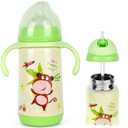 Stainless Steel Insulated Baby Bottle 10oz Medium-Flow Nipple & Straw Lid with Removable Handles, Thermal Water Bottle for Toddler BPA and Phthalates-Free (Monkey)