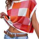 Saodimallsu Womens Cap Sleeve Crop Tops Summer Color Block Going Out Crew Neck Knit Trendy Casual Sweater (Orange, XL)