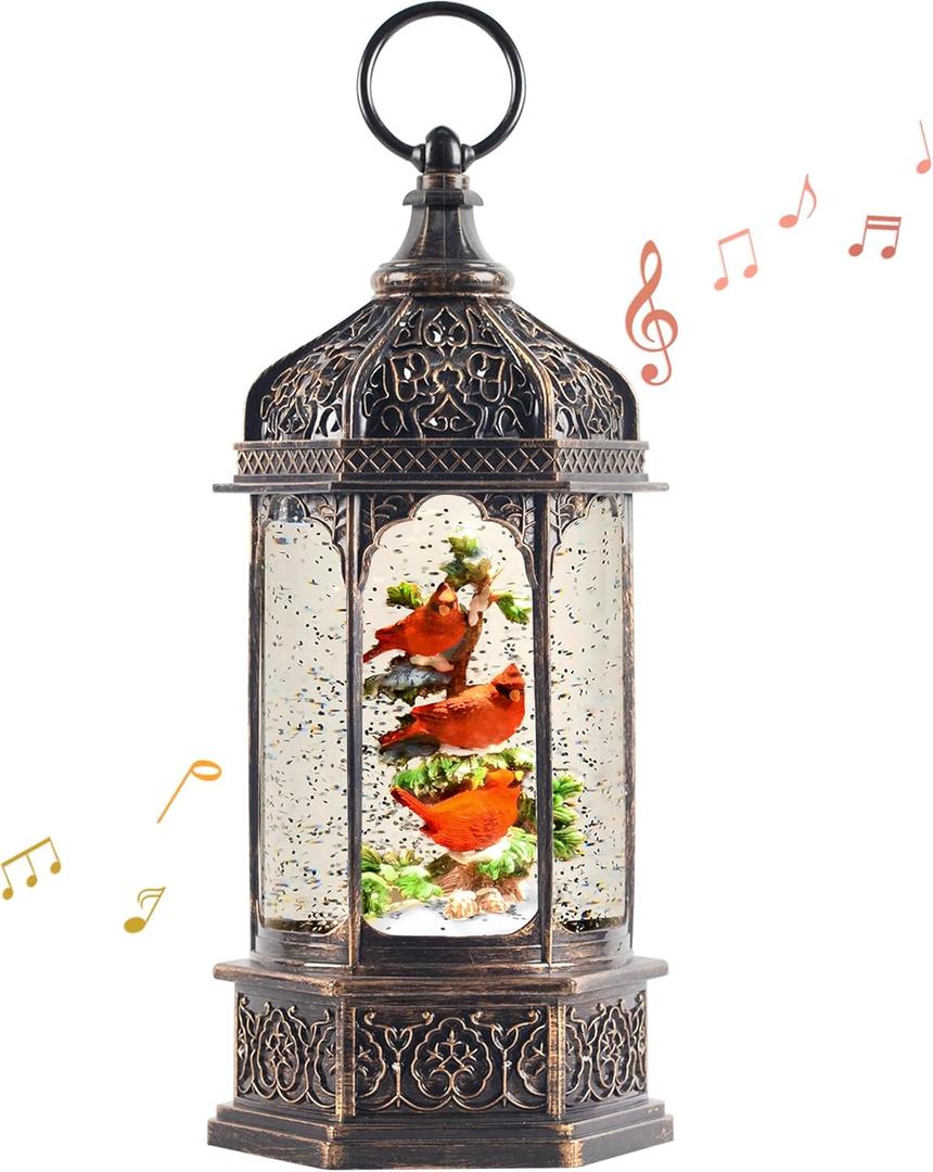 12.8" Christmas Snow Globe Lantern Christmas Decorations Indoor with Swirling Glitter Three Cardinals in The Tree, Lighted Musical Snow Globes for Home Decoration USB Powered or Battery Operated