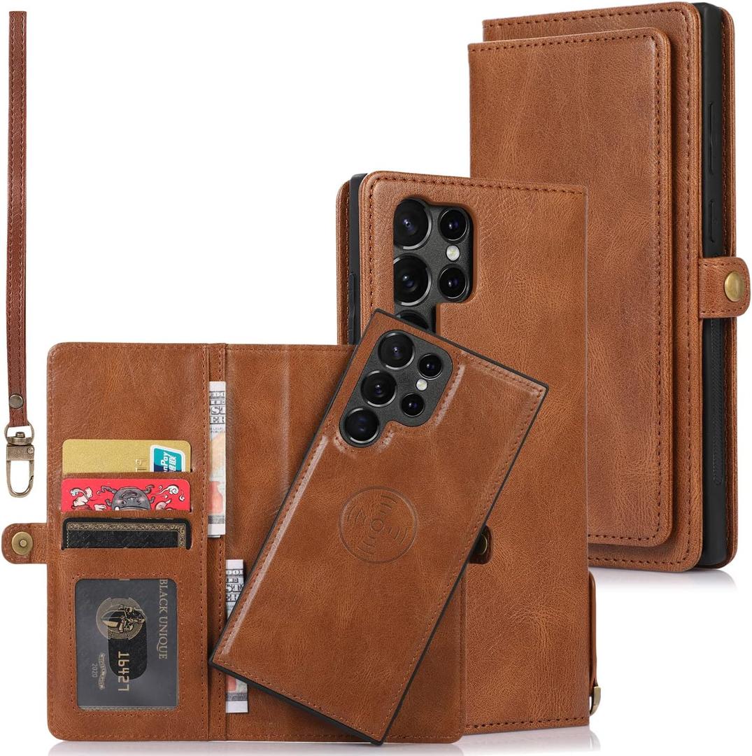 Asuwish Phone Case for Samsung Galaxy S23 Ultra 5G Wallet Detachable Cover with Leather Flip Credit Card Holder Magnetic Back Mobile Cell Accessories S23Ultra 23S S 23 23Ultra 6.8 inch Women Men Brown
