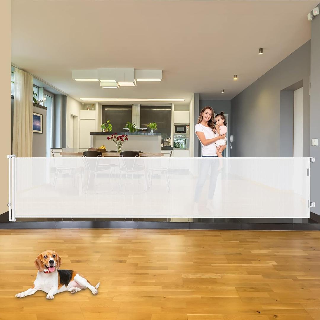 Mom's Choice Awards Winner - 110 Inch Extra Wide Baby Gate for Large Openings Retractable Baby Gates Indoor Outdoor Extra Long Dog Gate for Doorway Stair Gates for Kids or Pets Extra Large Dog Gate (White)