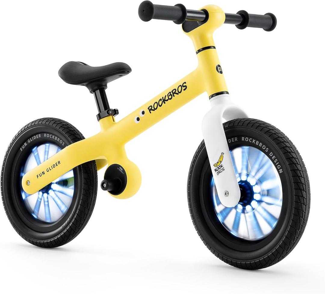 ROCKBROS Kids Balance Bike No Pedal Toddler Toy for 2-5 Years Old, 12" Anti-Slip & Auto-Glow Wheels, Lightweight 7 lbs, Adjustable Seat (13.3-15.7"), Safe 360 Steering for Boys & Girls