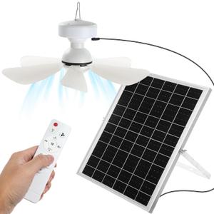 1 Set Solar Ceiling Fan Kit 25w Solar Powered Rechargeable Ceiling Fan with 3 Color Light and Remote Control, Built in 5000mah Battery, for Outdoor Chicken Coop Camping Tent