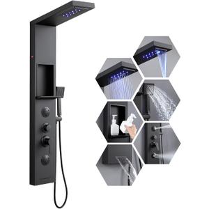 ROVATE 6 in 1 LED Rainfall Waterfall Shower Panel with Shelf, Matte Black