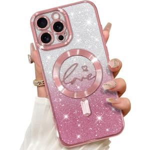 ZIYE Magnetic Case for iPhone 16 Pro Max 6.9" [Compatible with MagSafe] Glitter Bling Luxury Hearts Design Cover for Women Girly, Soft TPU Shockproof Protective Case for 16 ProMax 5G 2024, Pink