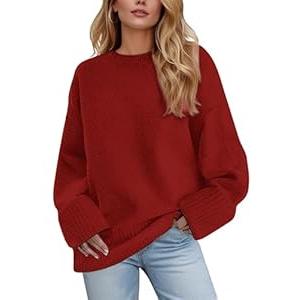 Women's Oversized Sweater, Crewneck Long Sleeve Women Sweaters, 2025 Fall Winter Fuzzy Knit Casual Sweater, Chunky Warm Pullover Sweaters Top, Red, Medium