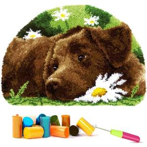 EMISTEM Latch Hook Kits for Adults - DIY Latch Hook Rug Kits, Crochet Kit for Beginners, Rug Making Kits with Printed Canvas, Gift Packaging. (Dog in Flowers,15x21)