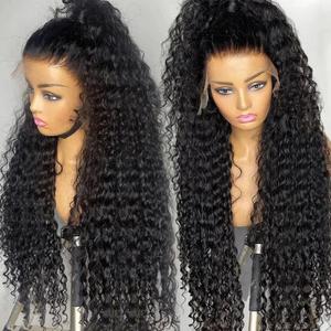 Black Curly Glueless Lace Front Wig 13x4 Long Deep Wave Lace Wigs With Baby Hair Pre Plucked 250 Density Jet Black Synthetic HD Lace frontal Loose Wave Wigs For Women Water Wave Wig 26 inches