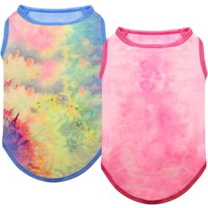 cyeollo 2 Pack Dog Shirts Sun Protection T Shirt Stretchy Tie Dye Tank Top Breathable Summer Sleeveless Vest Dog Clothes for Small Dogs (X-Large (18-25lbs))