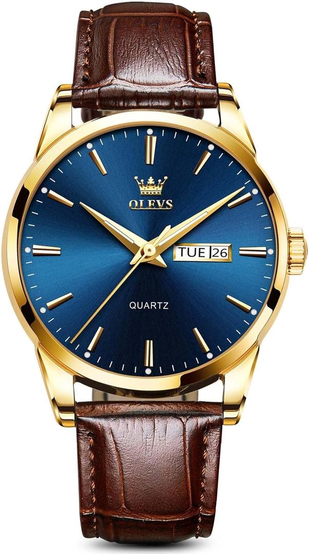OLEVS Amazon Watches,Brown Leather Watch for Men,Men Day Date Watch,Men's Luminous Watch,Dress Watch for Men,Rose Gold Watch for Men,Men's Fashion Quartz Watch,Waterproof Brown Man Watches (brown leater blue dial)