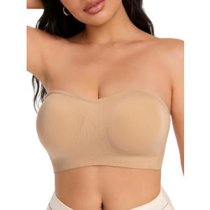BINACL Women's Bandeau Bralette, Summer Strapless Padded Wireless Supportive Seamless Tube Top Bra 1/2 Packs (Beige, XXL)