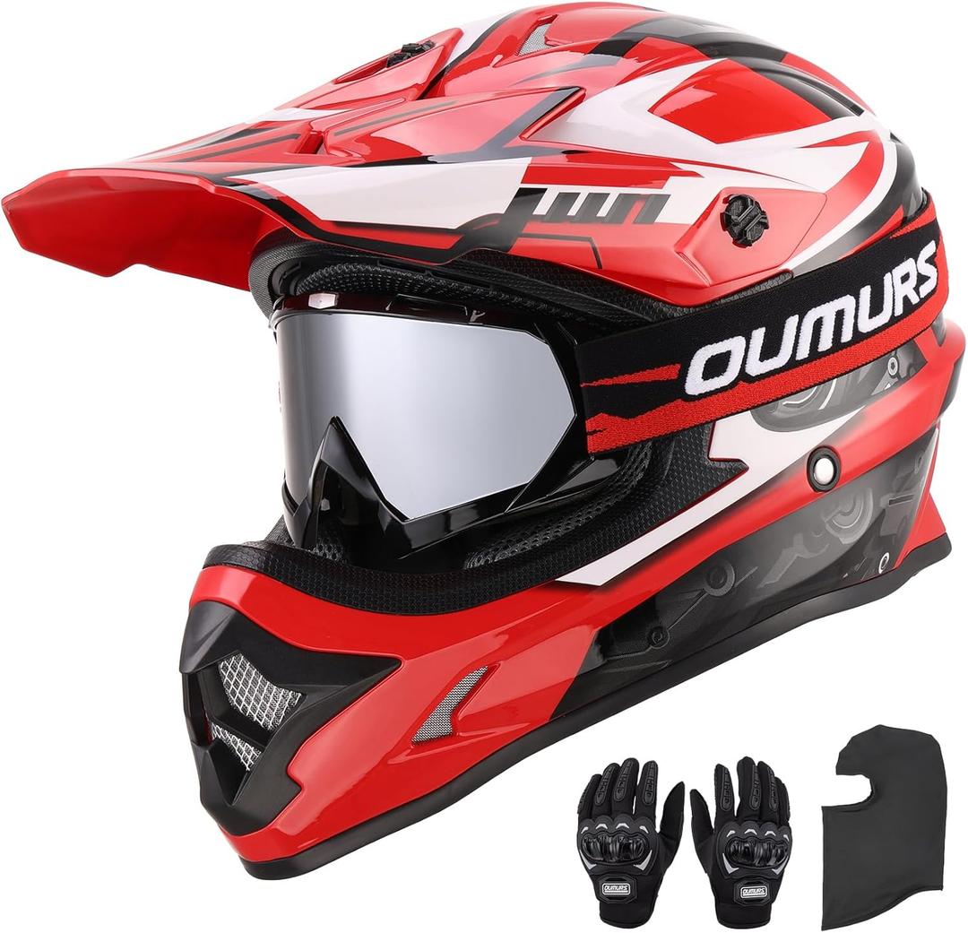 OUMURS DOT Adult ATV Dirt Bike Helmet with Goggles Gloves & Mask Adjustable Sun Visor Motorcycle Adults Helmet Off-Road Motocross Downhill Moped MX for Unisex-Adult-Engine Red S