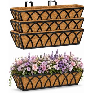 Y&M 4pcs 24 Inch Planter, Metal Window Boxes with Coco Liner, Indoor Outdoor Hanging Flower Planter for Garden, Lawn, Balcony, Porch, Fence, Patio Rail