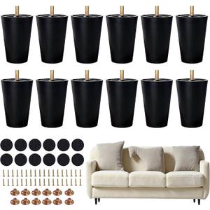 FabricJoy 12 Pack 4 Inch Plastic Furniture Legs Replacement Couch Legs Chair Feet Dresser Sofa Table Cabinet Bed Furniture Feet with M8 T-Nuts Screws Tapered for Home DIY Projects (Black)