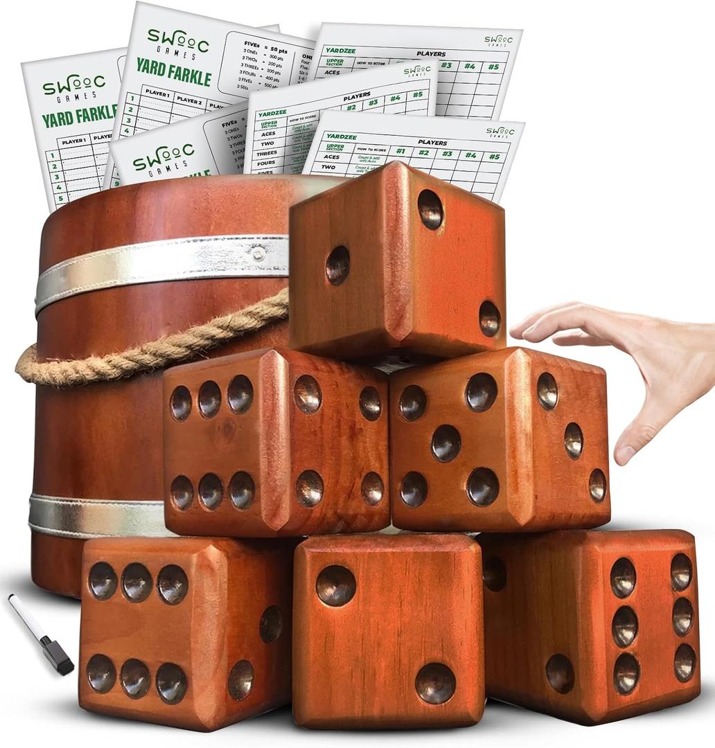 Swooc Games - Yardzee, Farkle & 20+ Giant Dice Games (All Weather) Yard Dice with Wooden Bucket, 5 Scorecards & Marker - Jumbo Dice Yard Game - Extra Large Yard Game for Adults - Jumbo Lawn Fun, 3.5" Dice