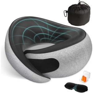 FIOGIKO Travel Neck Pillows for Airplanes - 360 Ergonomic Memory Foam Travel Pillow - Relief Neck Pain with Breathable Support for Long Flights, Car, Train & Office Use - Adults & Kids