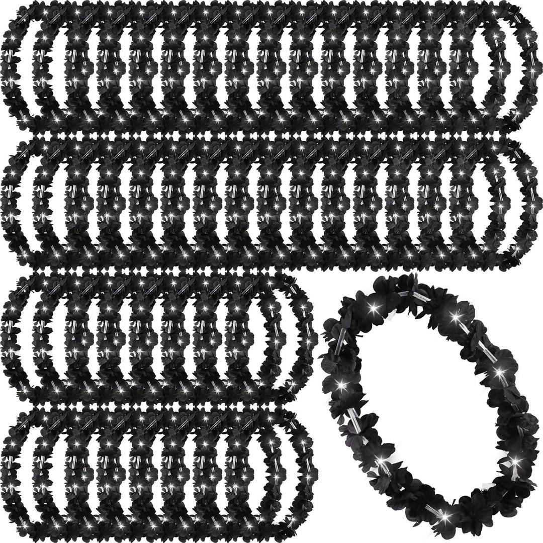 Sherr 48 Pcs LED Hawaiian Leis Light up Flower Leis Necklace with LED Lights Luau Flowers Necklaces for Masquerade Beach Wedding Tropical Themed Party Supplies(Black)