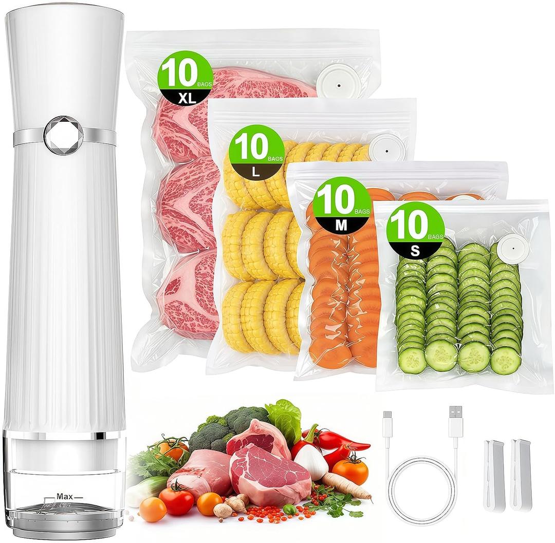 Vacuum Sealer for Food (Compact Vacuum Sealer Machine + 40 Reusable Vacuum Bags), Handheld Vacuum Food saver for 10X Preservation & Fresh, Powerful 80Kpa Portable Vacuum Sealer