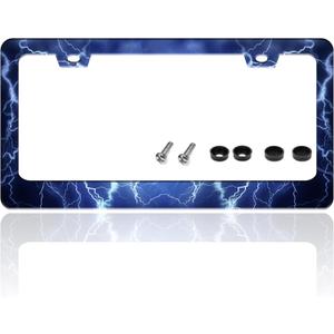 Blue Lightning License Plate Frame Funny Thunder License Plate Holder for Front or Rear Car Tags Reusable Durable Stainless Steel Car Decoration with Screws 6.3 X 12.2 Inch for Men Women