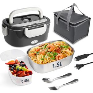 Electric Lunch Box, 12V/24V/110V Portable Food Warmer with SS Fork & Spoon for Car/Truck/Office, 80W Self Heating Lunch Box with 1.5L 304 Stainless Steel Container & 0.45L PP Fruit Box Beige