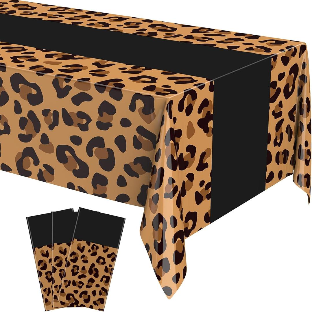 Buryeah 3 Pcs Leopard Print Tablecloth 54 x 108'' Leopard Plastic Table Cover Disposable Safari Animal Cheetah Print Party Decoration for Baby Shower Wedding Birthday Party Favors(Black)